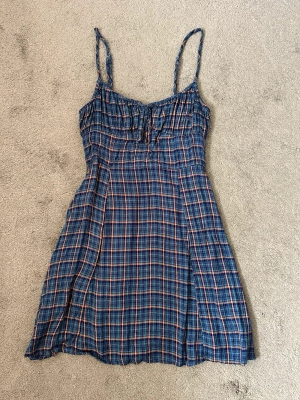 Blue Plaid Midi Dress with Spaghetti Straps